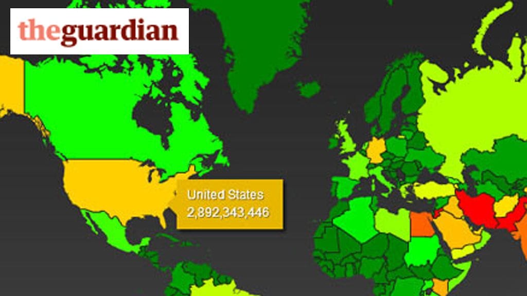 Guardianin mukaan Suomi on USA:n vähiten urkkimien maiden listalla. Kuvakaappaus Guardianin sivuilta.