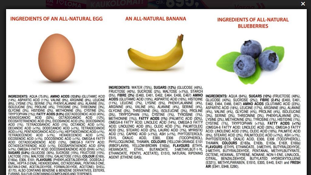 Kananmunan, banaanin ja mustikan ainesosat.