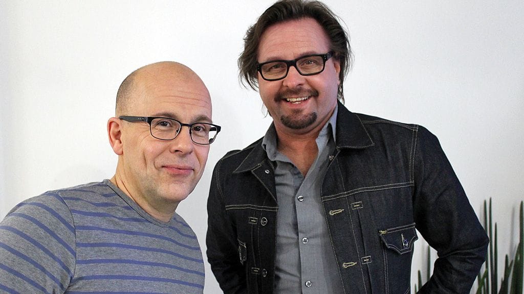 Kummeli-tähdet Timo Kahila inen ja Heikki Hela MTV:llä 12.2.2014.