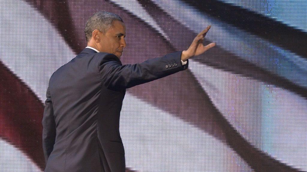 Presidentti Barack Obama vaalivalvojaisissa Chicagossa.