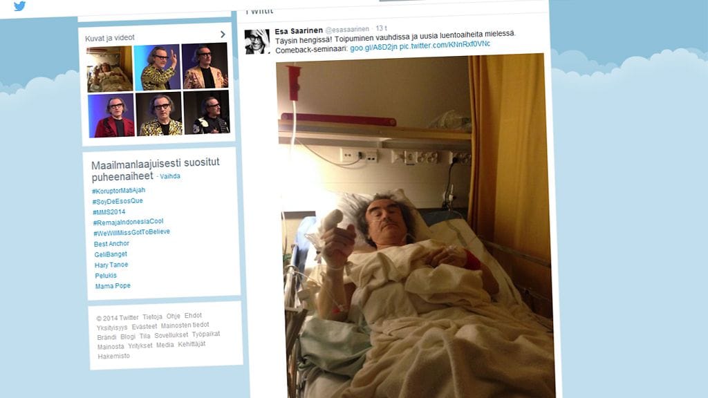 Esa Saarisen poika Jerome tviittasi leikkauksesta toipuvan isänsä kuvan tämän tilille eilen illalla.