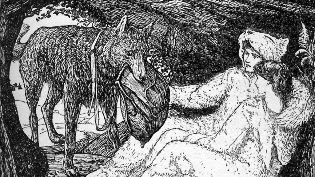 This scene is from the medieval romance tale of William of Palermo who was carried away as a child by a werewolf, who was really prince Alphouns, heir to the Spanish throne. His stepmother had turned him into a werewolf.