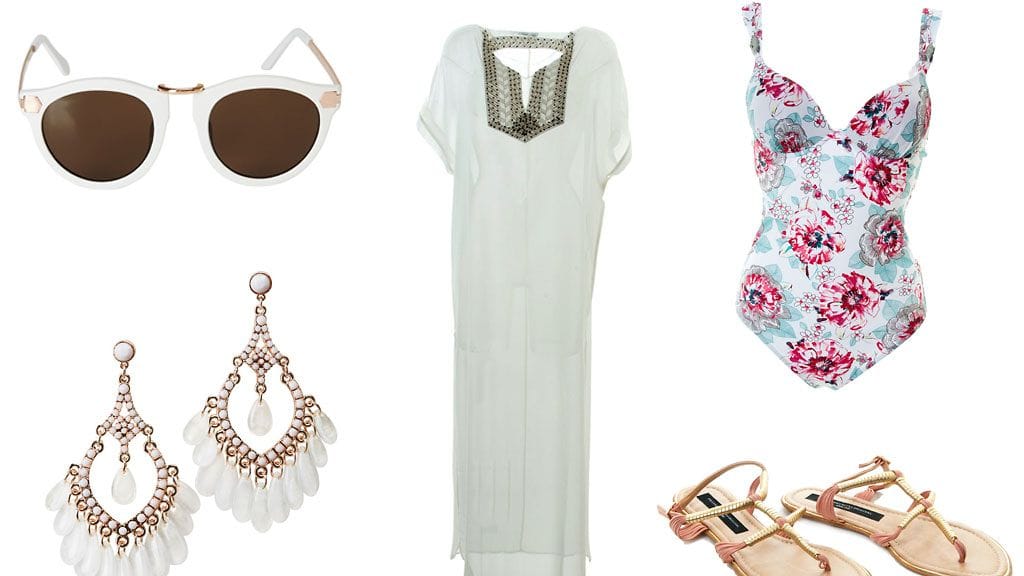 Aurinkolasit ja korvakorut H&M, sandaalit Philosophy Blues Original, mekko Bayamo Dress by Hunkydory, uima-asu Aubade