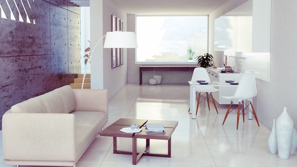 Kiiltäväksi maalattu lattia tuo tilaan avaruutta.