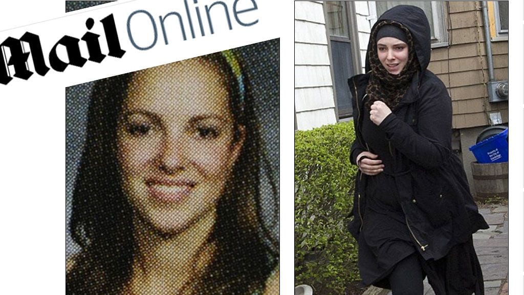 Bostonin pommi-iskusta epäillyn Tamerlan Tsarnajevin yhdysvaltalainen vaimo Katherine Russell koulun vuosikirjassa (vas.) ja lähdössä parin yhteisestä kodista Cambridgessa Yhdysvalloissa (oik.) Kuva: Daily Mail.