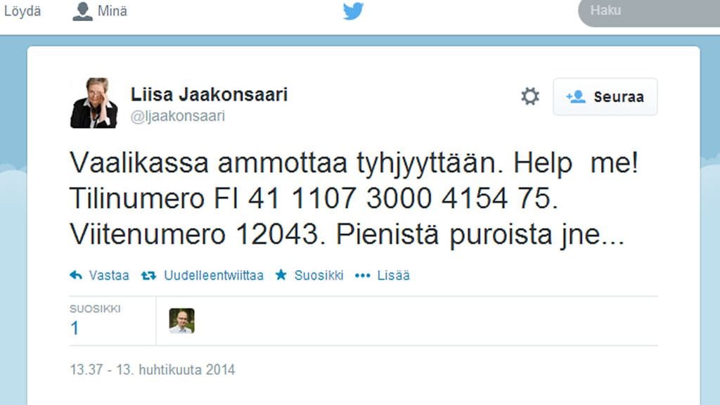 Liisa Jaakonsaari pyytää lahjoituksia vaalikassaan Twitterissä.
