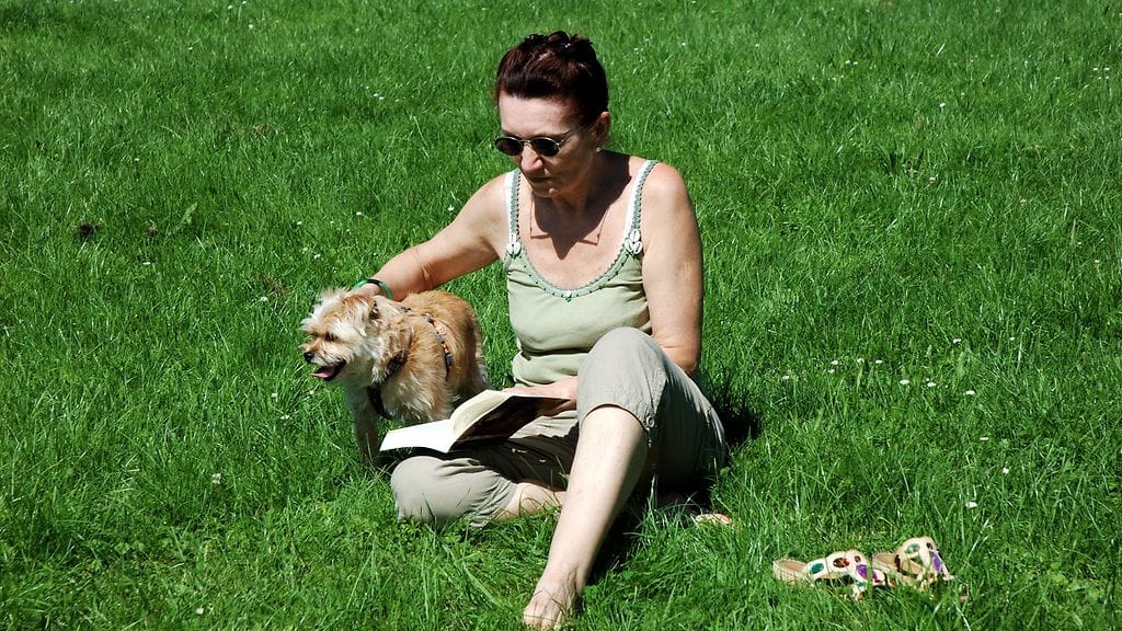 Luonto, kirja ja koira – tässä kuvassa on jo hyvät eväät rentoutumiseen.