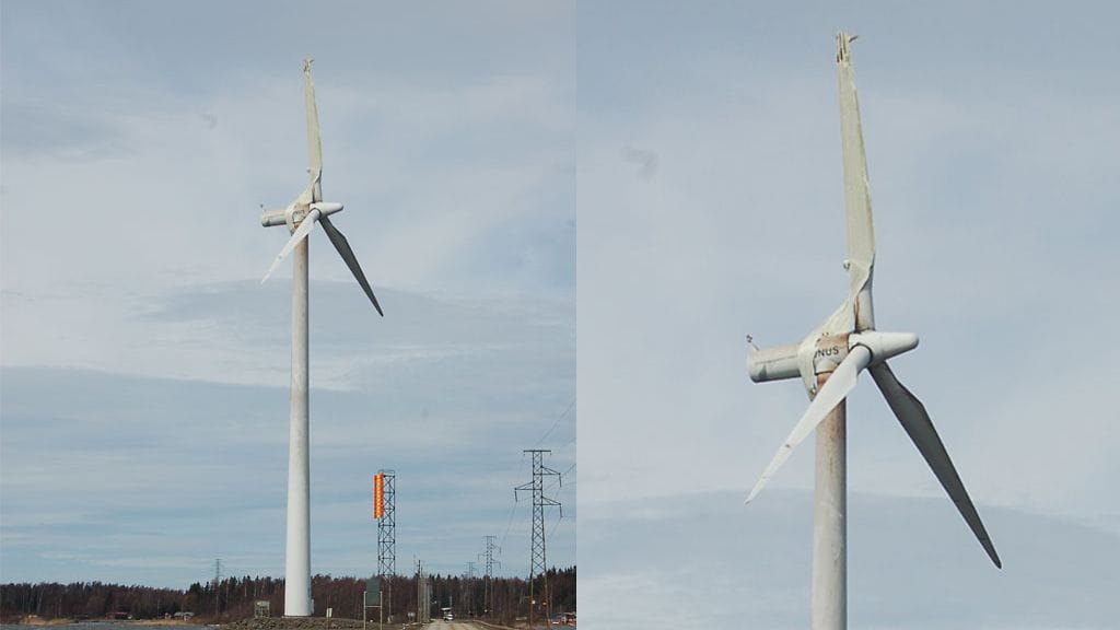 Suomen Hyötytuuli Oy:n toimittama kuva rikkoutuneesta tuulivoimalasta.
