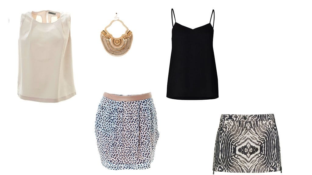 Paita Hunkydory, eläinkuosinen hame Supertrash, koru ja musta toppi Cubus, printtihame H&M.