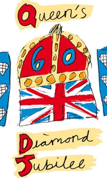 Elisabeth II:n juhlavuoden virallinen logo. Sen on suunnitellut 10-vuotias Katherine Dewar.