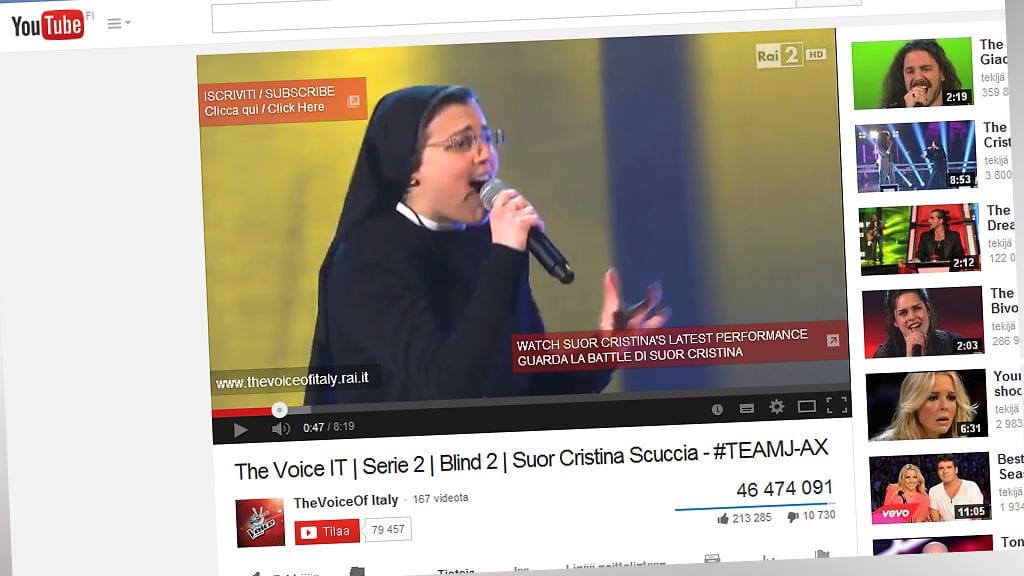 Kuvakaappauksessa laulukilpailuun osallistunut italialainen nunna Cristina Scuccia, jolla on Twitterissä tuhansia seuraajia.