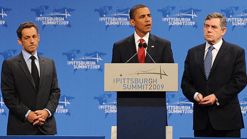 Yhdysvaltain, Ranskan ja Ison-Britannian presidentit tuomitseva Iranin uuden ydinlaitoshankkeen 25.9.2009. (EPA)