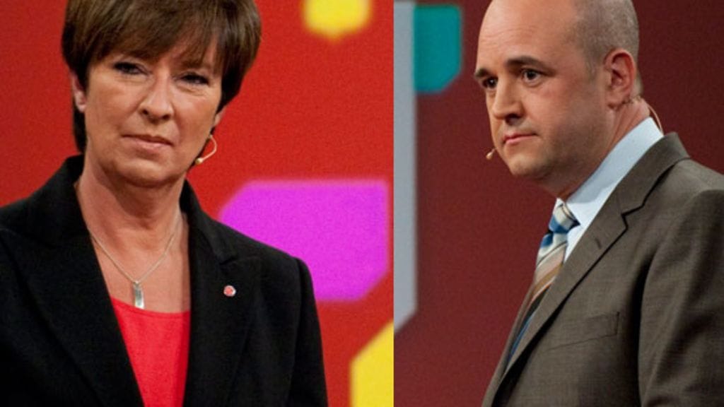 Ruotsin demokraattipuolueen johtaja Mona Sahlin (vas.) ja pääministeri Fredrik Reinfeldt.