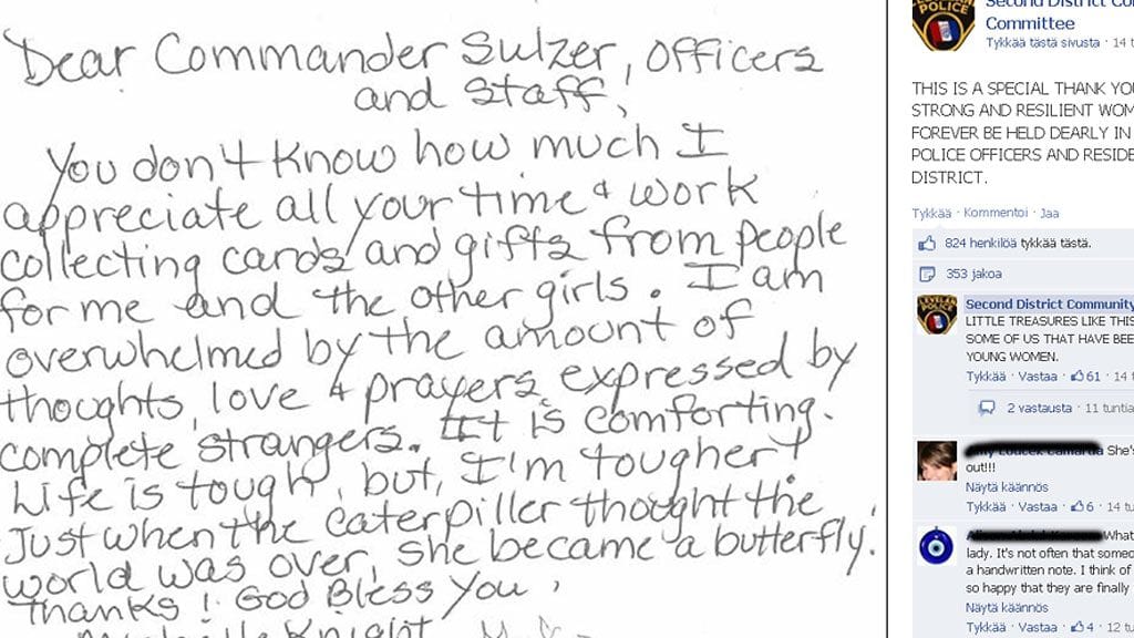 Michelle Knight kiittää saamistaan lahjoista ja avusta. Kuva Clevelandin poliisin Facebook-sivuilta.