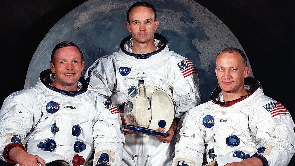Apollo 11:n miehistö vuonna 1969: Neil Armstrong (vas.), Michael Collins ja Edwin E. Aldrin Jr.