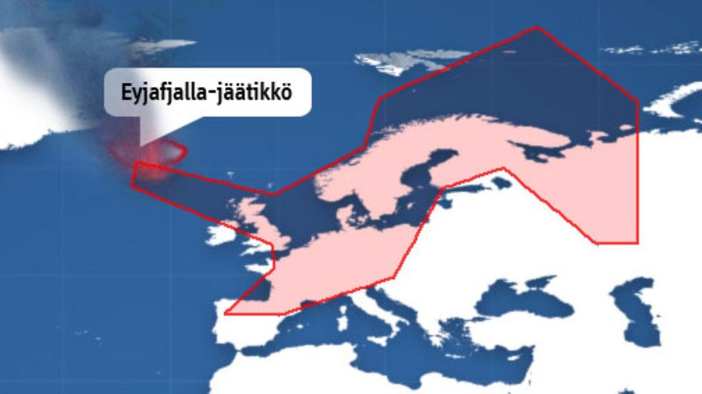 Metoffice.gov.uk esittämä kartta Islannin tulivuoren purkauksesta johtuvan tuhkalautan mahdollisesta leviämisreitistä