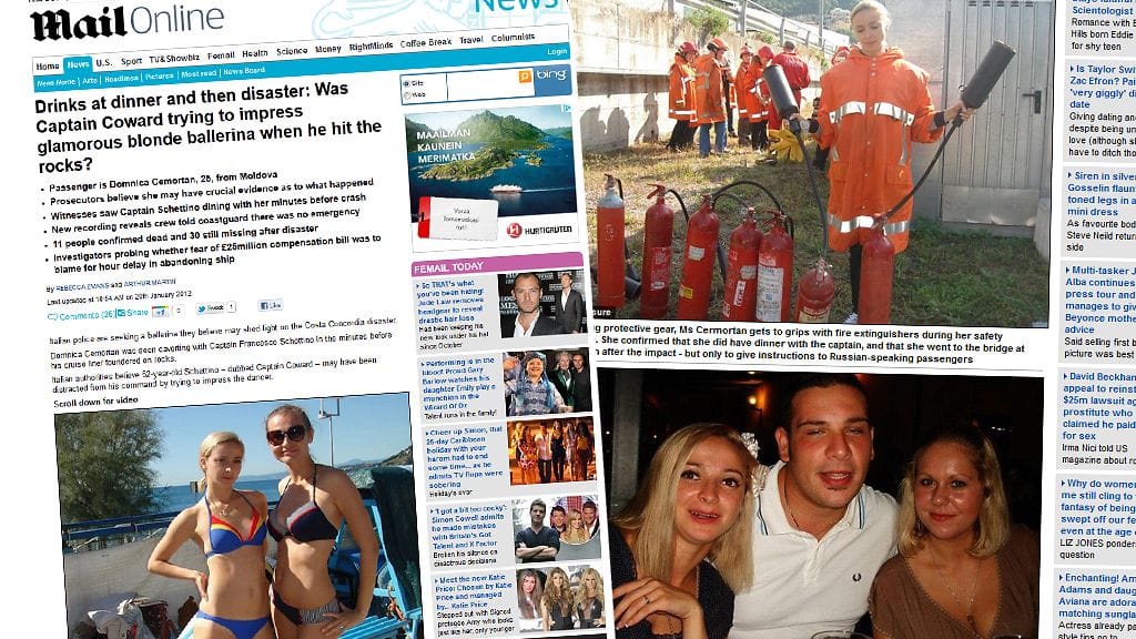 Moldovalaisen Domnica Cemortanin rooli risteilijäturmassa kiinnostaa Italian poliisia. Kuvakaappaus Daily Mailin verkkosivulta. Cemortan alareunan kuvissa vasemmalla.
