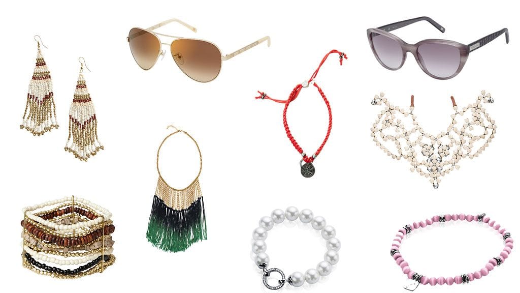 Kopioi tyyli! Korvakorut ja rannekoru KappAhl, vihreä kaulakoru H&M, aurinkolasit Escada, oranssi koru Odd Molly, vaalea kaulakoru H&M, helmikoru ja pinkki koru Zinzi.