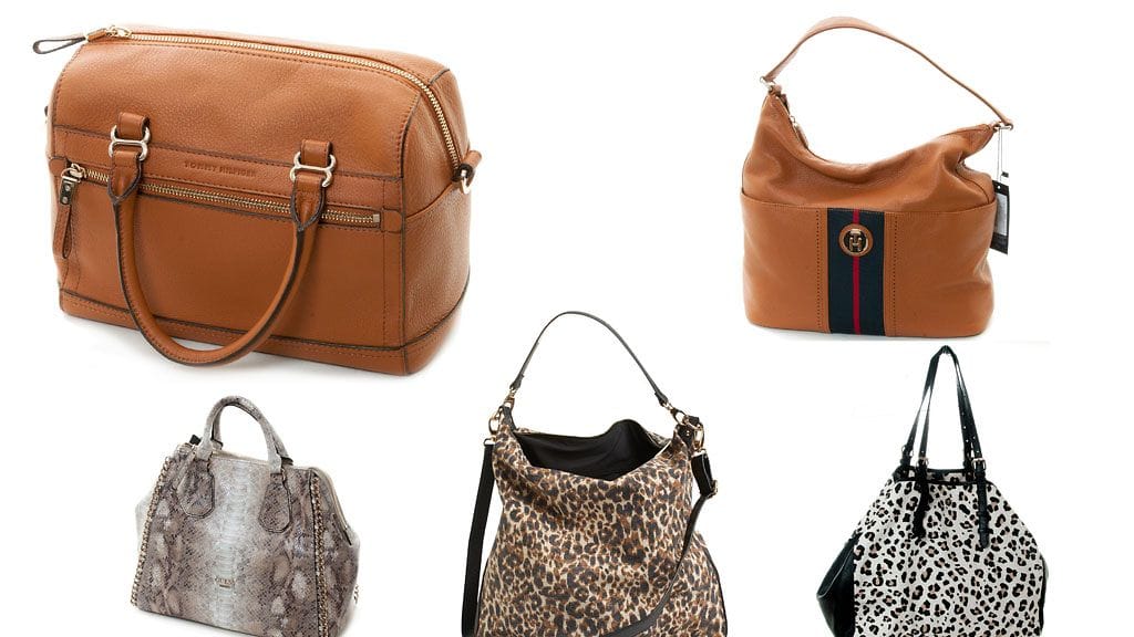 Kopioi tyyli! Laukut: isoin ruskea Tommy Hilfiger, ruskea tummalla raidalla Tommy Hilfiger, alarivin laukut Guess, Kappahl, Supertrash