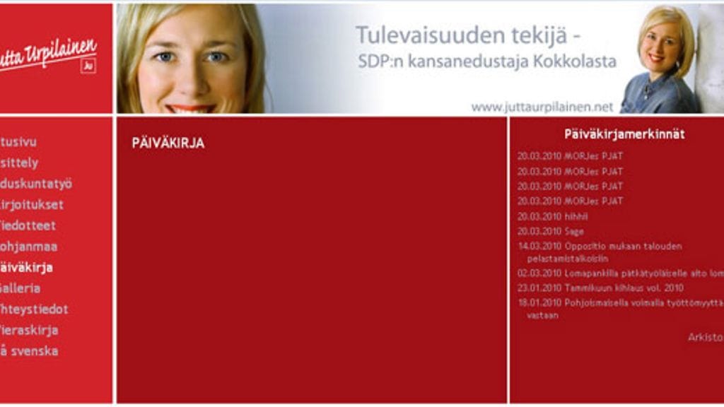 Jutta Urpilaisen nettisivuille ilmestyi murtautumisen jälkeen outoja päiväkirjamerkintöjä