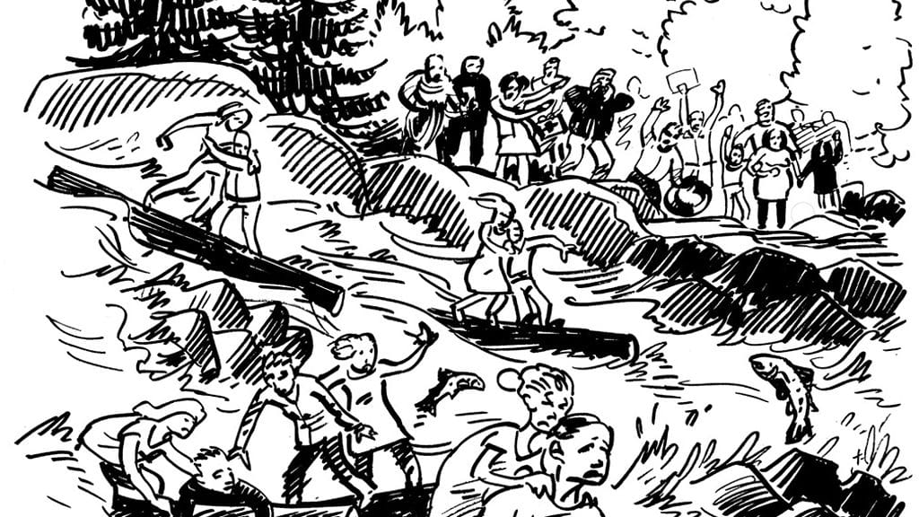 Petter vertaa elämää Alzheimerin kanssa koskenlaskuun. Asiantuntijat huutelevat rannalta neuvoja. Piirros Tuomo Veijanen.