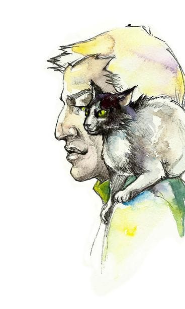 Maalaus: mies ja kissa