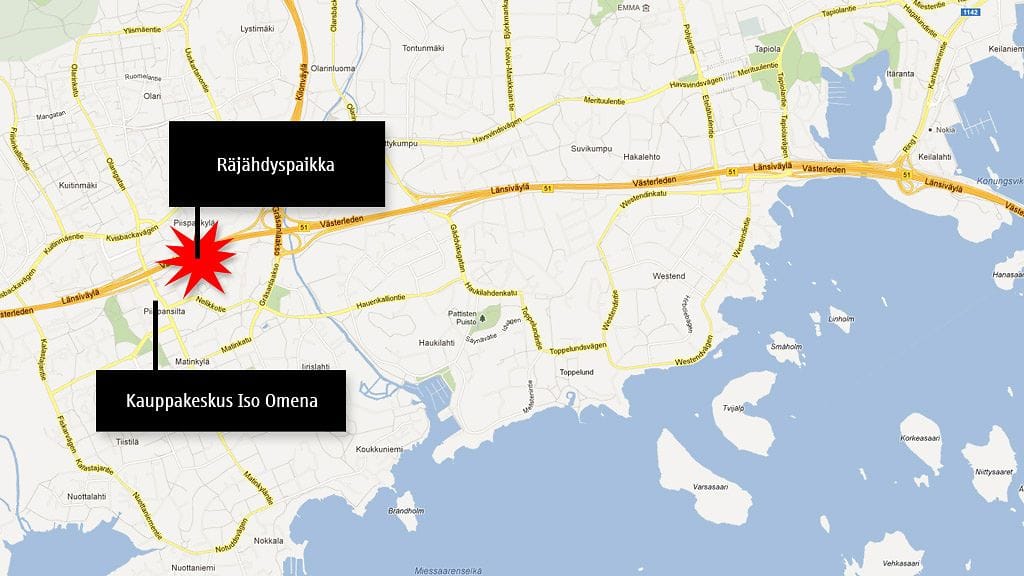 Kartta Espoon räjähdyksestä.