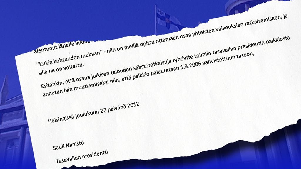 Ote presidentti Niinistön kirjeestä, jolla hän pyytää palkkionsa alentamista.
