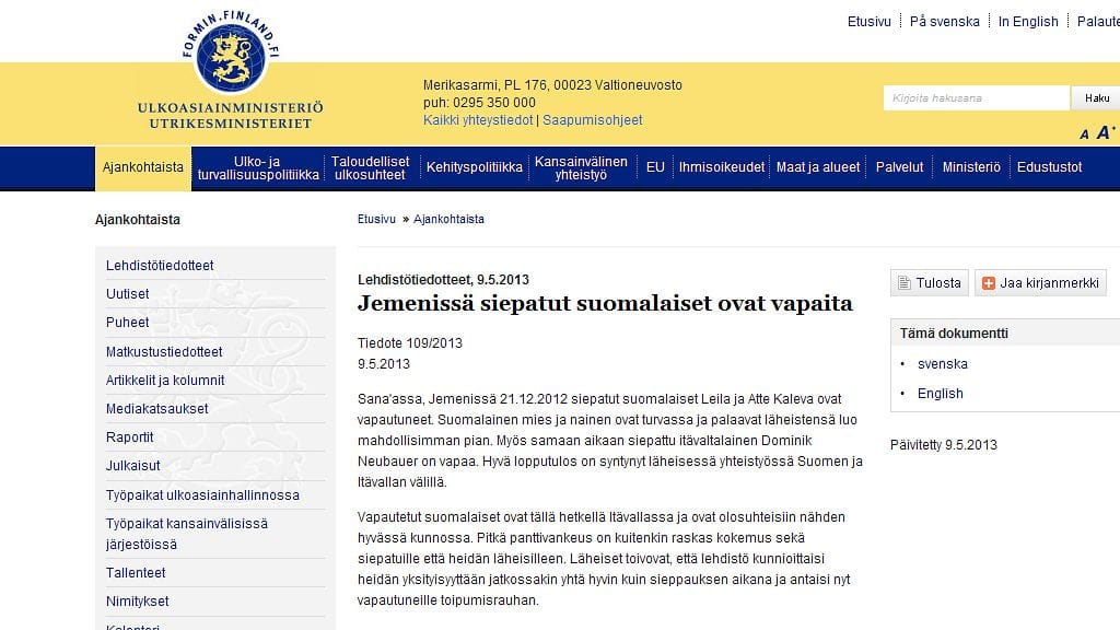Kuvakaappaus ulkoministeriön nettisivujen tiedotteesta.