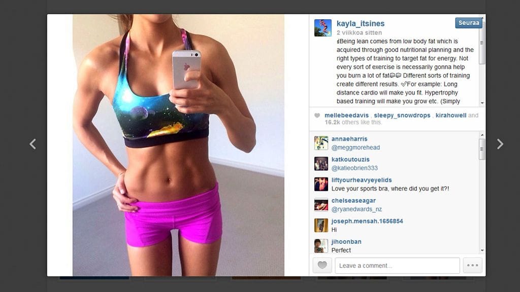 Kuvakaappaus Kayla Itsinesin Instagram-tililtä.