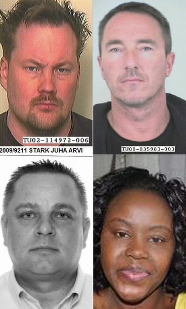 Kansainvälisen rikospoliisijärjestön Interpolin etsintäkuulutuslistalla on kolme suomalaista: Juha Stark, Timo Jokilampi ja Juha Karl-Stefan Lundström. Miriam Kadongolla on sekä Suomen että Kenian kansalaisuus. (Kuvat Interpolin sivuilta.)