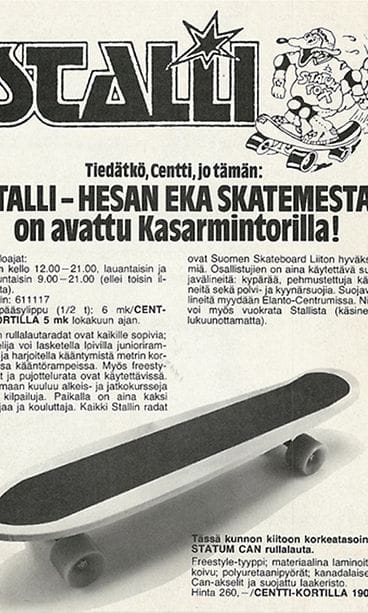 Suomen ensimmäisen skeittihallin avajaismainos 1979. Suomen ensimmäinen skeittihalli, Stalli, avattiin kesällä 1979 Helsingin Kasarmitorille. (Lähde: Sami Wileniuksen arkisto)