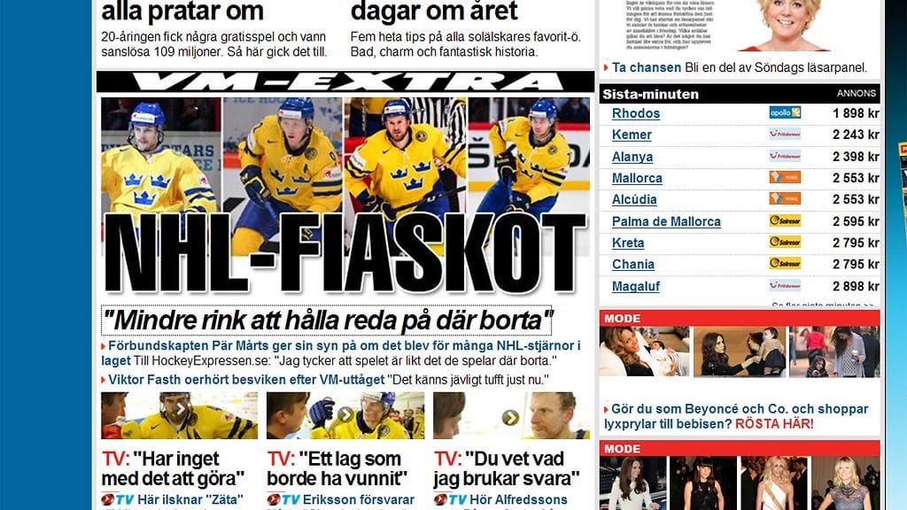Ruotsalainen Expressen lyttää Ruotsin maajoukkueen esityksen MM-kisoissa.