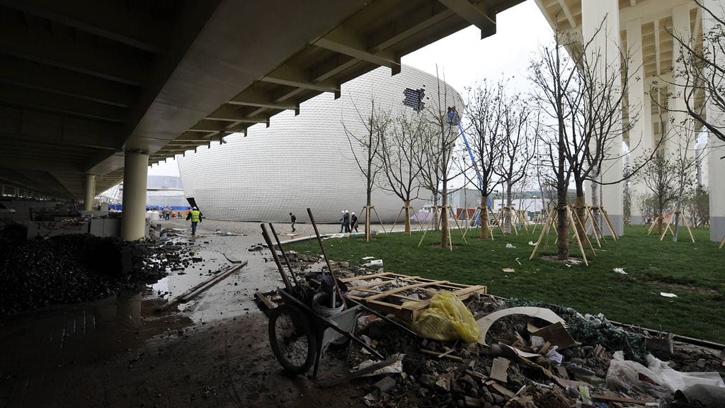 Suomen paviljonki Kirnun työmaa Shanghaissa 27. maaliskuuta 2010.