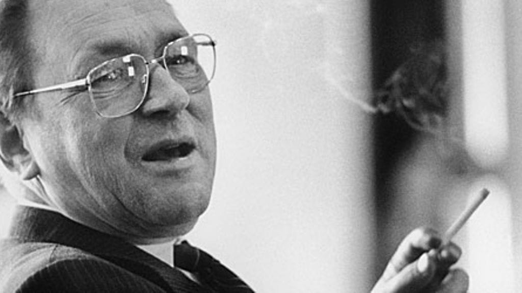 Hallituksen puheenjohtaja Pekka Herlin (1932-2003) Kone Oy: n tilinpäätöksen tiedotustilaisuudessa. Kuva: Lehtikuva