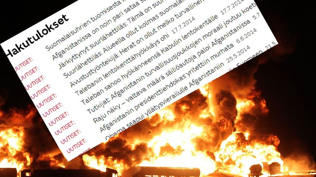 Taustalla kuva heinäkuun alussa Kabulin lähettyvillä palavista rekoista, päällä kuvakaappaus MTV Uutisten jutuista hakusanalla Kabul.