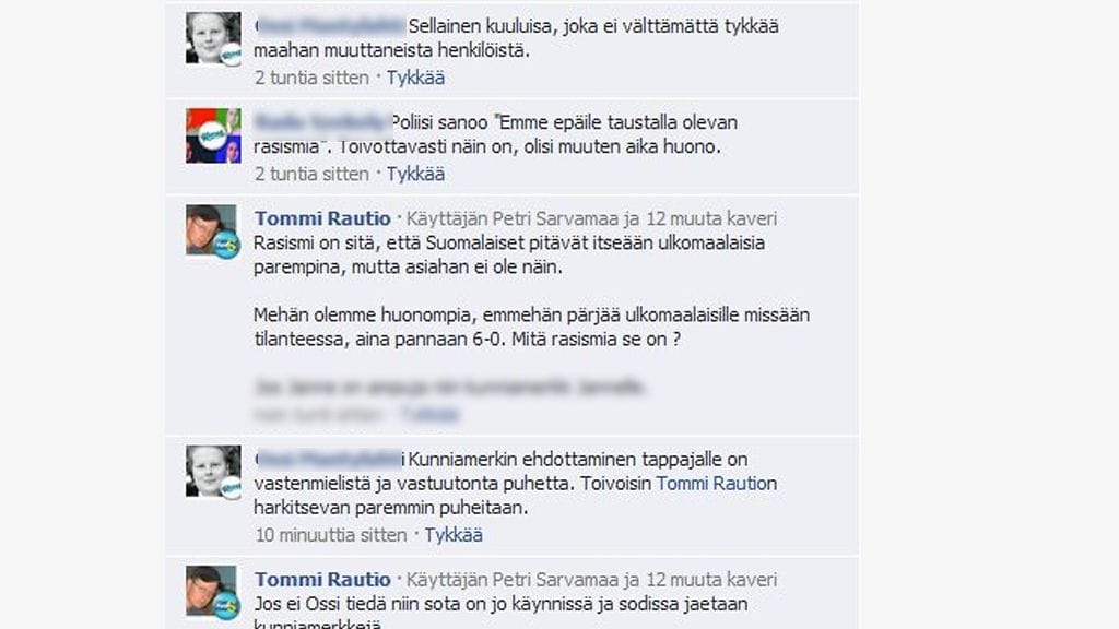 Kuvakaappaus Facebookissa käydystä keskustelusta, jossa Köyliön kunnanvaltuutettu Tommi Rautio totesi ampujan ansaitsevan kunniamerkin.