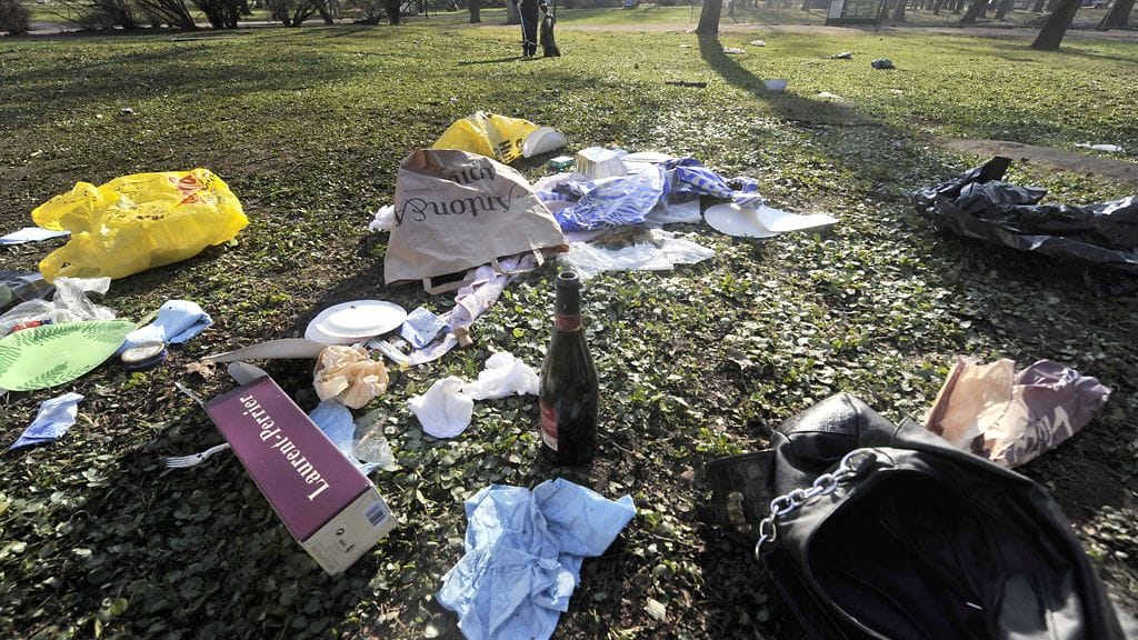 Juhlinnan jälkeisiä roskia Kaivopuistossa.