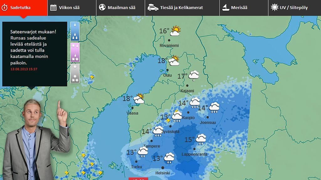 Sadealueen etenemistä ja ennustetta voi seurata MTV3:n sääsivuston sadetutkasta.