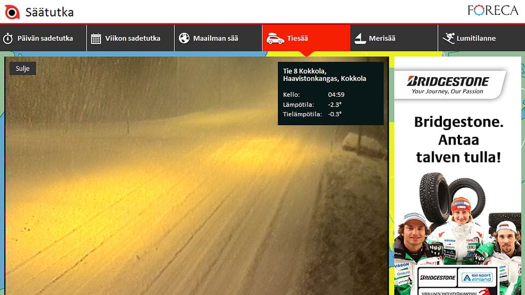 MTV3:n sääsivuston kelikamerat näyttävät keliolosuhteet kuvasarjana.