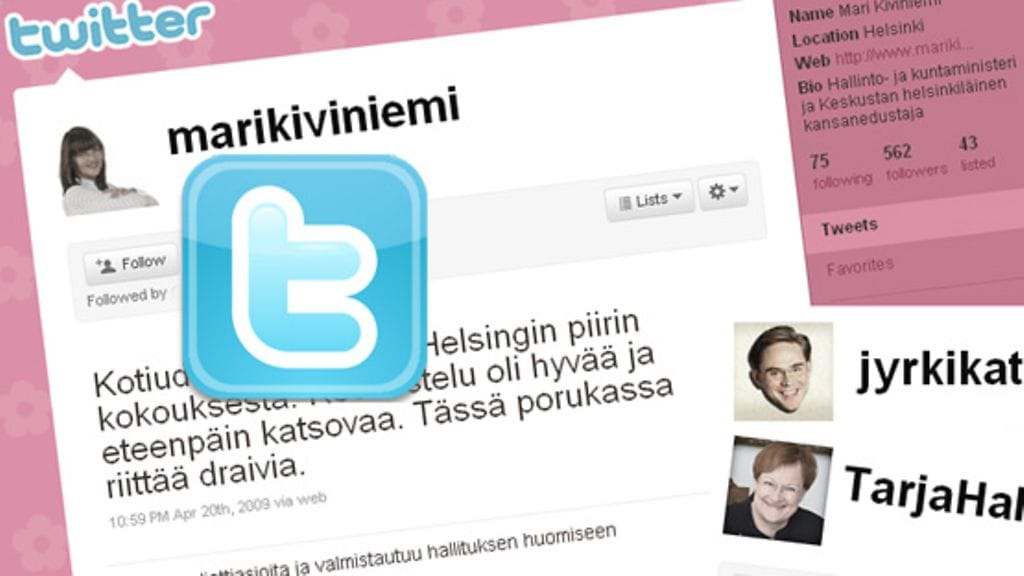 Pääministeri Mari Kiviniemi ei päivitä Twitter-statustaan aktiivisesti.