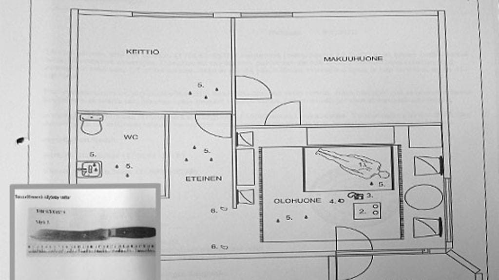 Ior Bockin huoneiston pohjapiirustus. Kuvassa olvat merkit tarkoittavat seuraavaa: 1. Uhri, 2. Tarjotin, jossa on kaksi puhdasta teekuppia, 3. Puhelin, jossa on veritahra, 4. Likainen teekuppi, jossa on veritahra, 5. Veritahroja, 6. Veriset sukat, 7. Veitsi, jossa on veritahroja. Kuvaan on liitetty myös kuva surmassa käytetystä veitsestä. Kuvat: Helsingin poliisin esitutkintamateriaali