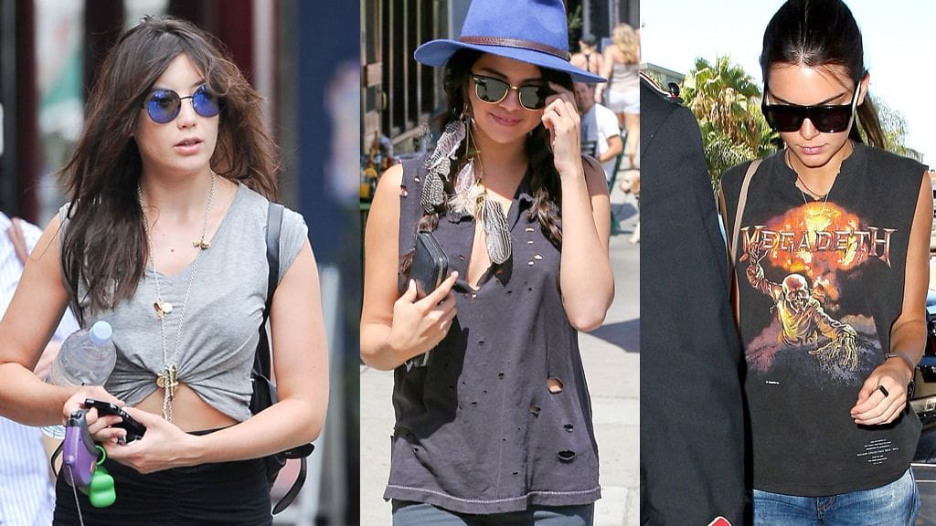 Tähtien suosiman rennon ja coolin t-paita lookin saat tehtyä helposti itsekin. Kuvassa Daisy Lowe, Selena Gomez ja Kendall Jenner