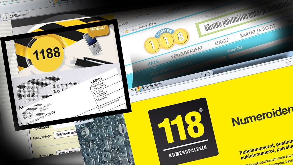 Liperiläinen yrittäjä sai sentilleen saman suuruisen laskun yrityksiltä Suomen118 ja 1188. Yrittäjä luuli maksaneensa laskut alkuperäiselle numeropalvelu 118:lle.