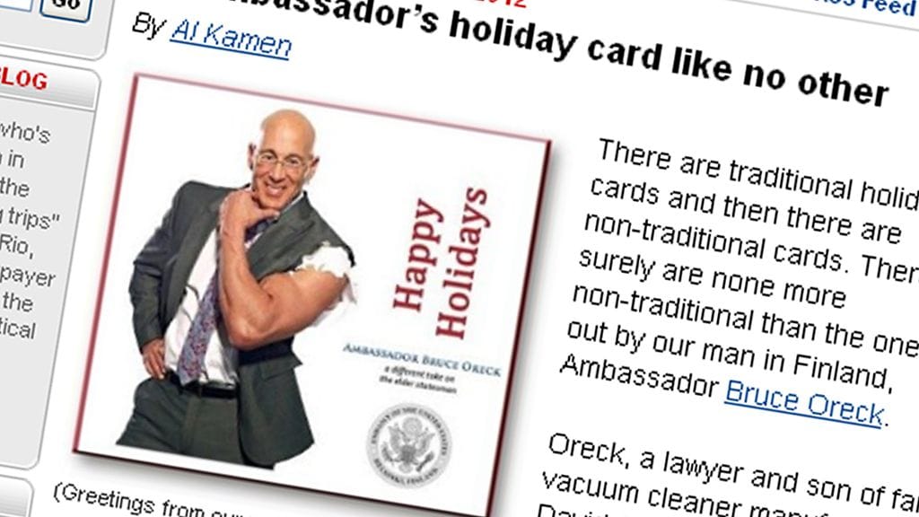 USA:n Suomen suurlähettilään Bruce Oreckin lähettämä joulukortti ystävilleen. Kuvakaappaus Washington Postin sivuilta.