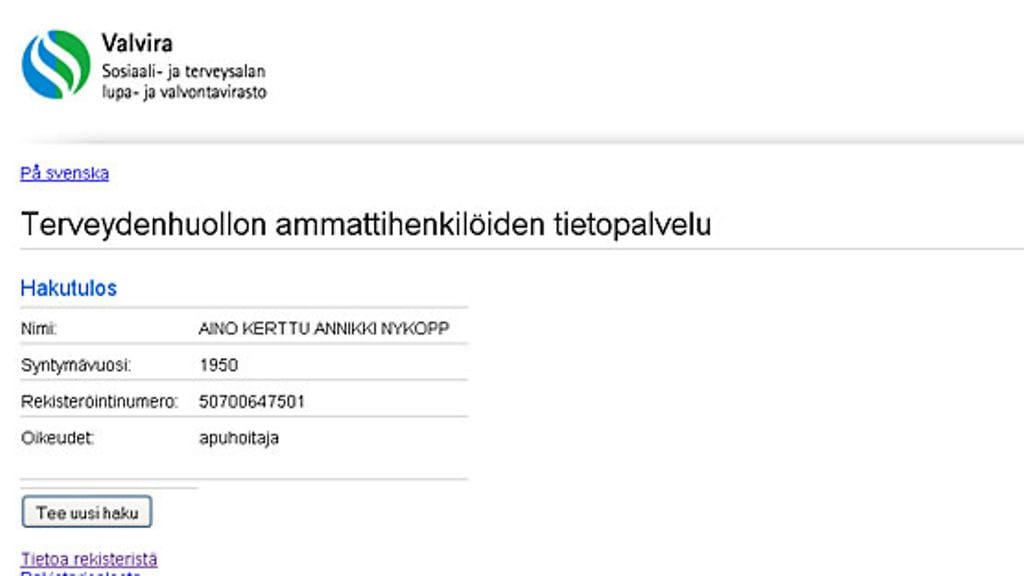 Lääkemurhasta epäillyn hoitajan tiedot Terhikki-rekisterissä 9.9.2010.