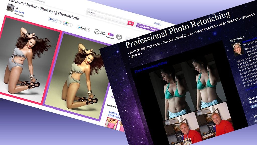 Internetistä löytyy sivustoja, joilla voi vertailla alkuperäisiä ja muokattuja kuvia. Yllä oleva kuva on kuvakaappaus.