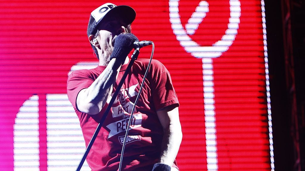 Red Hot Chili Peppersin Anthony Kiedis yhtyeen konsertissa Chilessä vuonna 2011.