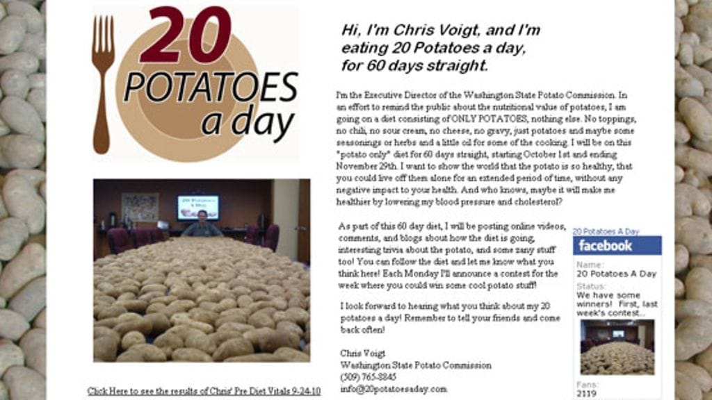 Yhdysvaltalaismies söi pelkkää perunaa 60 päivän ajan. Kuva: 20 potatoes a day