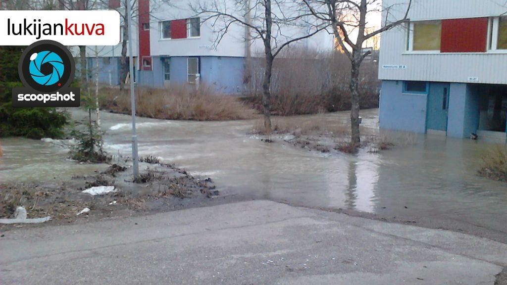 Vettä virtaa Malminiityn kaduilla vesivahingon jälkeen. Rakennustyömaalla oli puhjennut vesiputki.